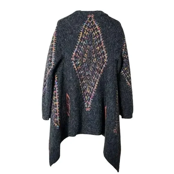 Dreamers Knit Cardigan Sweater‎ Size Medium Gray Boho Aztec Waterfall Open - Picture 4 of 5